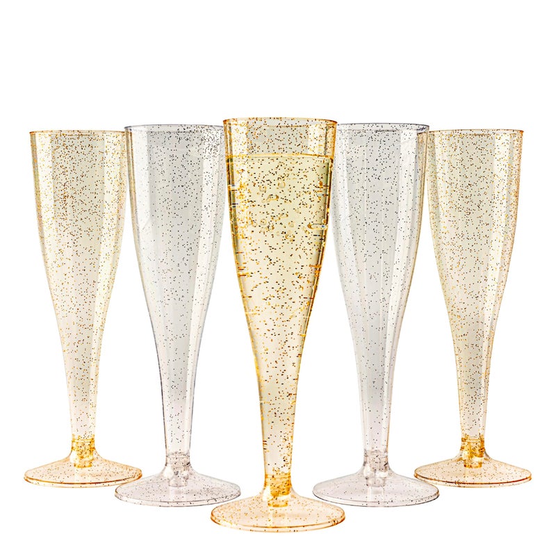 MATANA 120 Silver & Gold Glitter Plastic Champagne Flutes, 5 Oz Plastic Champagne Glasses for Parties, Clear Plastic Toasting Glasses, Mimosa Glasses, Wedding Party Cocktail Cups, Reusable | Bulk Pack - Image 1